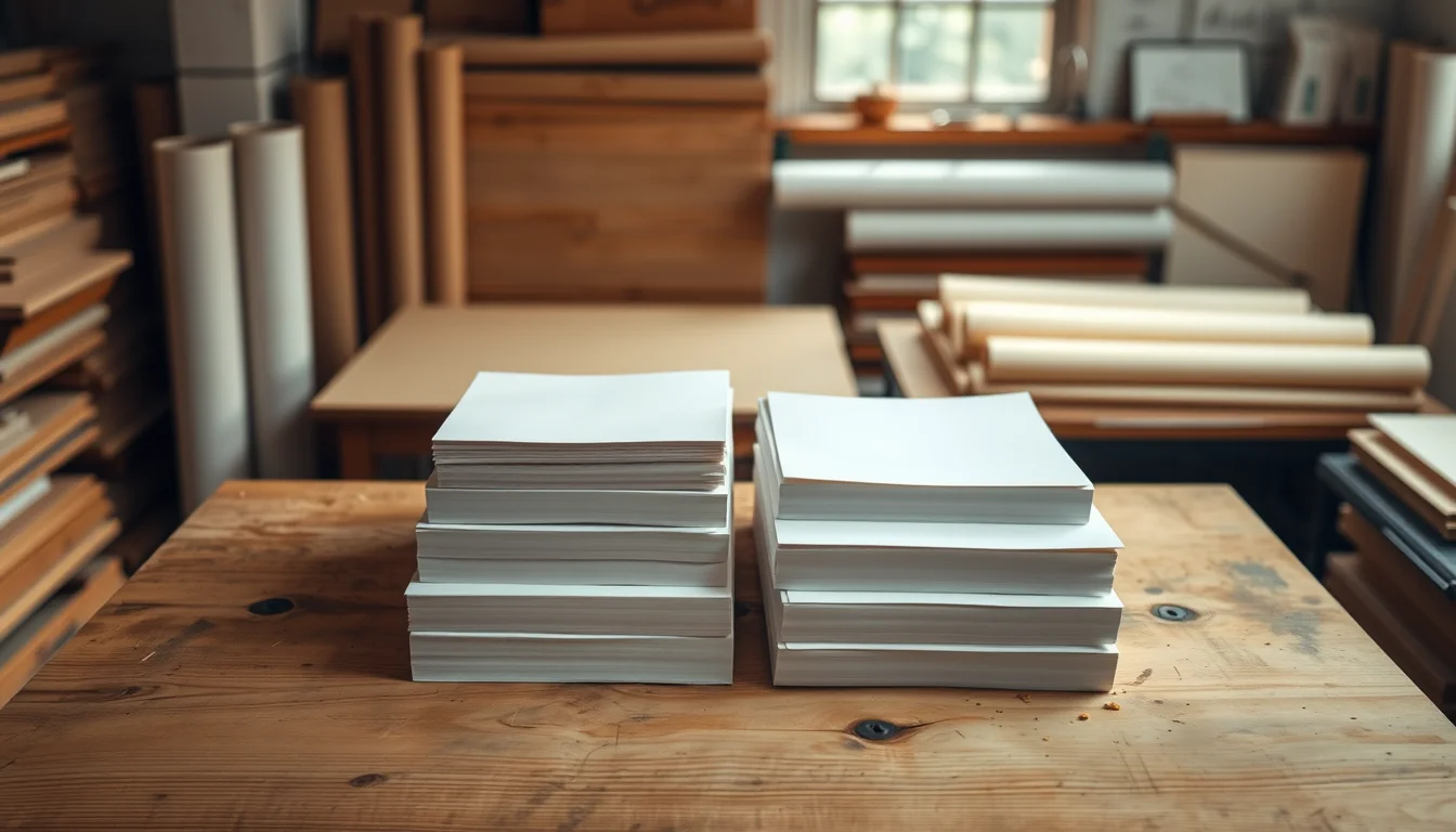 Piles de papier blanc posées sur une table d'atelier d'imprimerie, rouleaux de papier en arrière-plan