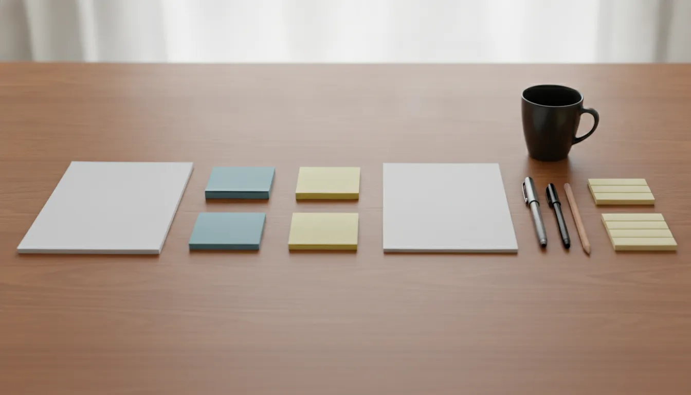 Feuilles blanches et blocs de post-it bleus et jaunes alignés sur une table en bois, stylos et tasse posés à côté