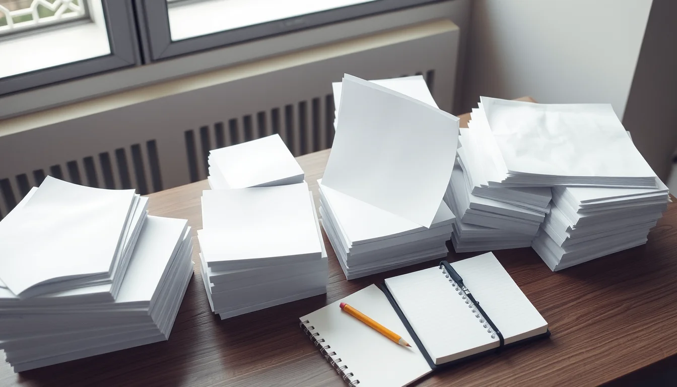 Piles de feuilles blanches de hauteurs très inégales sur un bureau, à côté d'un carnet et d'un crayon
