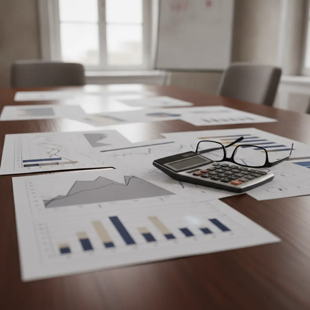 Graphiques financiers imprimés étalés sur une table de réunion à côté d'une calculatrice
