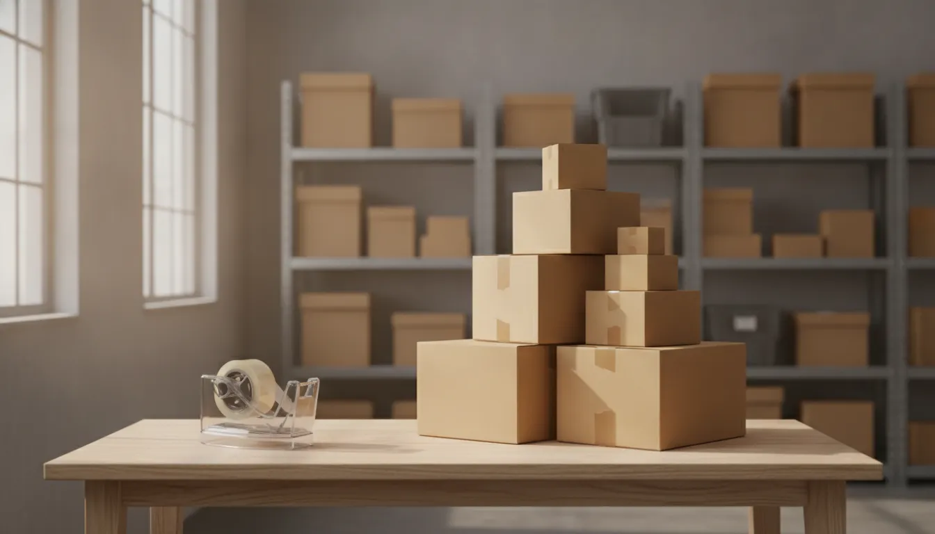 Cartons d'expédition empilés sur une table en bois dans un entrepôt, dévidoir d'adhésif à côté et étagères de colis au fond