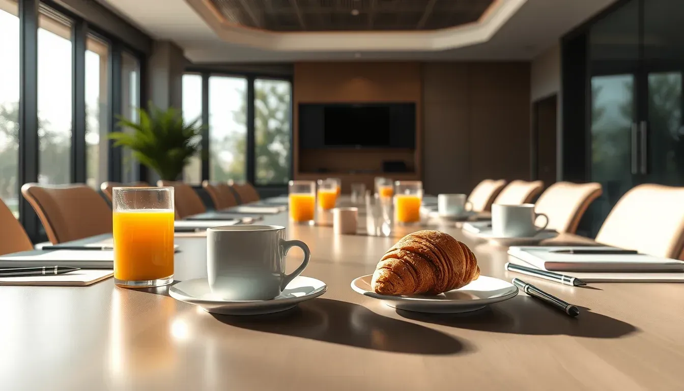 Table de salle de réunion préparée le matin avec tasses de café, croissant, jus d'orange, carnets et stylos